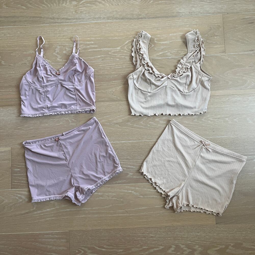 Women's Cami & Shorts Pajama Sets Lace Ruffles Coquette Rose Medium